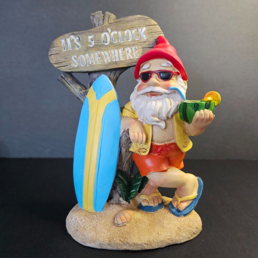 It's 5 o'clock Somewhere Gnome, Tropical Party Gnome 9" Kitschy Statue Figurine